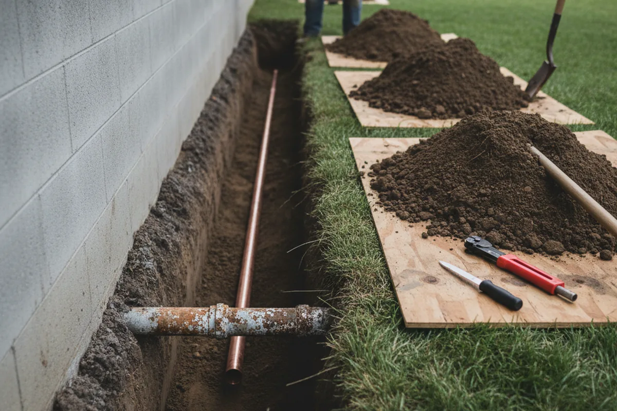 Excavated water line trench during Sewer Line Repair in Long Branch